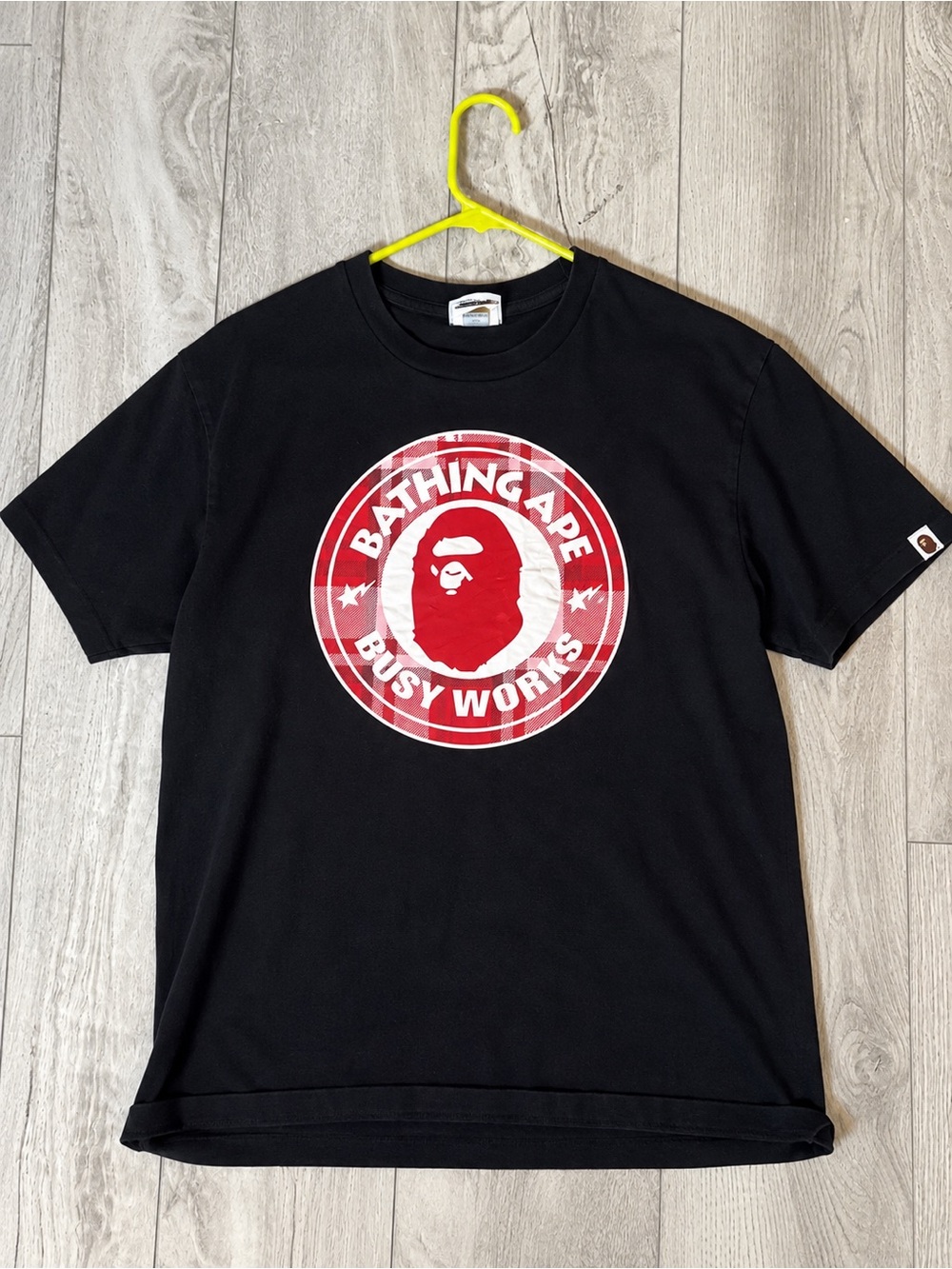 BAPE A Bathing Ape Logo Check Busy Works Tee Black Red Size M